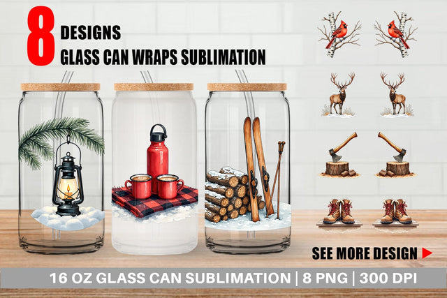Glass Can Cozy Cabin and Winter Forest Sublimation artnoy 