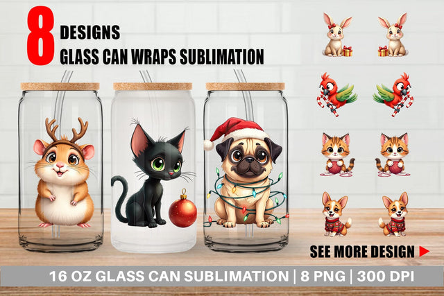 Glass Can Cozy Christmas Pets Vintage Watercolor Companions Sublimation artnoy 