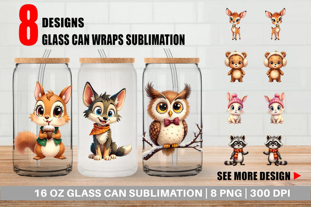 Glass Can Cozy Critters Watercolor Wonderland Sublimation artnoy 