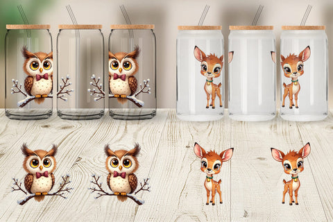 Glass Can Cozy Critters Watercolor Wonderland Sublimation artnoy 