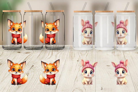 Glass Can Cozy Critters Watercolor Wonderland Sublimation artnoy 