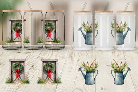 Glass Can Cozy Farmhouse Christmas Decor Watercolor Sublimation artnoy 