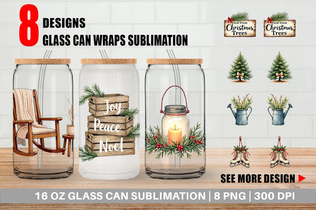 Glass Can Cozy Farmhouse Christmas Decor Watercolor Sublimation artnoy 