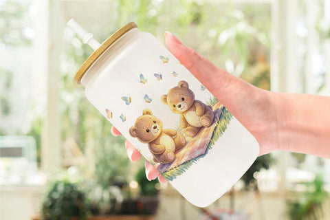 Glass Can Cozy Night Teddy Bear Picnic Sublimation artnoy 