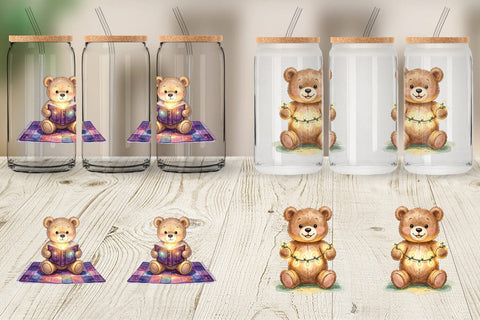 Glass Can Cozy Night Teddy Bear Picnic Sublimation artnoy 