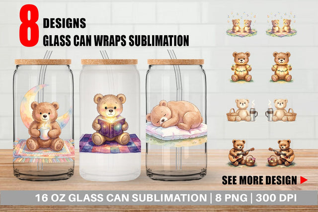 Glass Can Cozy Night Teddy Bear Picnic Sublimation artnoy 