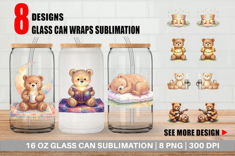 Glass Can Cozy Night Teddy Bear Picnic Sublimation artnoy 