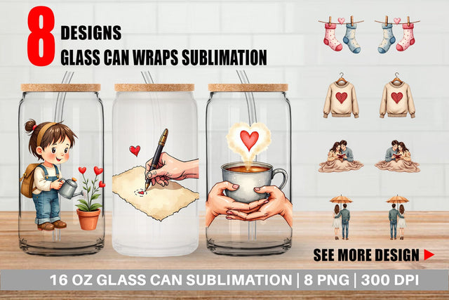Glass Can Cozy Valentine Moments Watercolor Illustrations Sublimation artnoy 