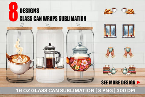 Glass Can Cozy Winter Cafe Watercolor Sublimation artnoy 