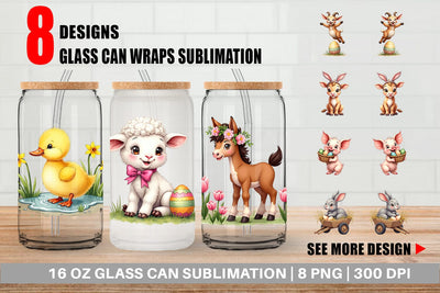 Glass Can Cute Baby Farm Animals Easter Watercolor Sublimation artnoy 