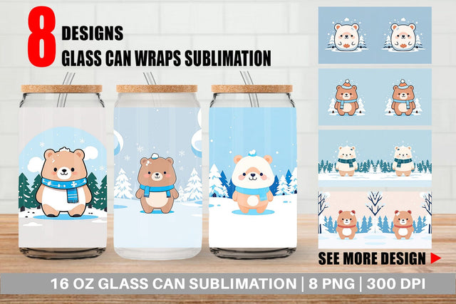 Glass Can Cute Bear Winter Sublimation artnoy 