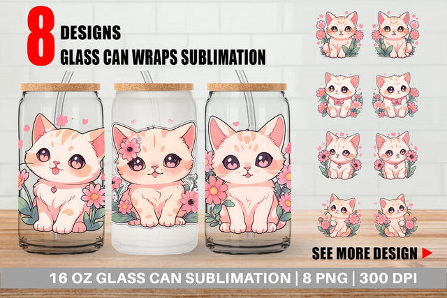 Glass Can Cute Cat Illustration Sublimation artnoy 