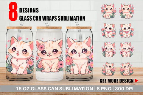 Glass Can Cute Cat Illustration Sublimation artnoy 
