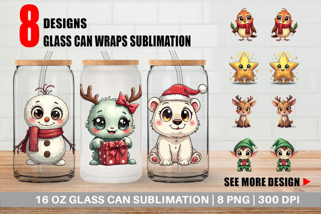 Glass Can Cute Christmas Creatures Sublimation artnoy 