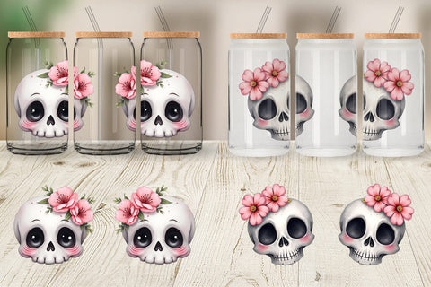 Glass Can Cute Floral Skull Sublimation artnoy 