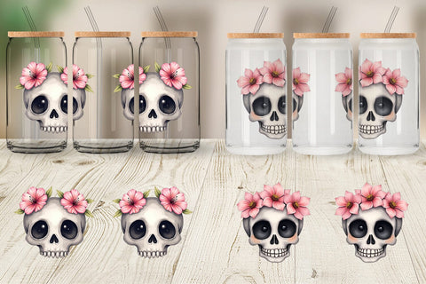Glass Can Cute Floral Skull Sublimation artnoy 