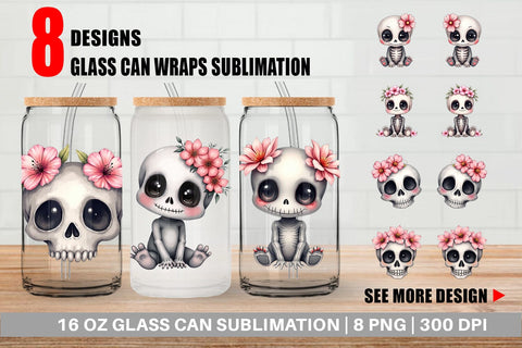 Glass Can Cute Floral Skull Sublimation artnoy 