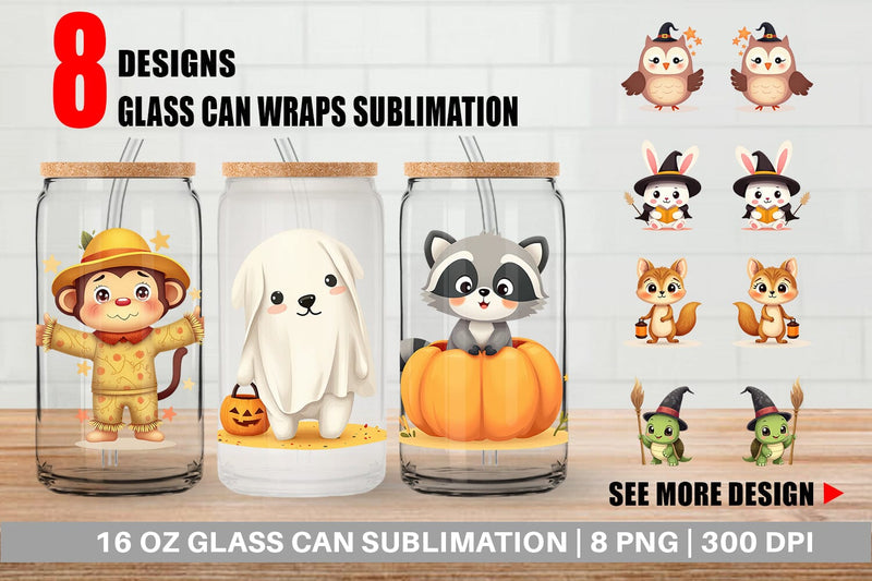 Glass Can Cute Halloween Animals Sublimation artnoy 