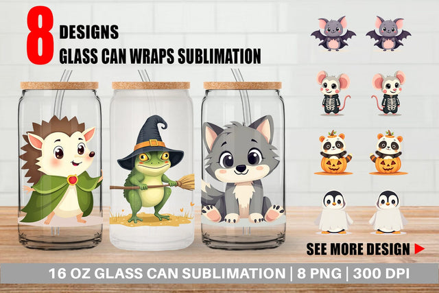 Glass Can Cute Halloween Animals Sublimation artnoy 