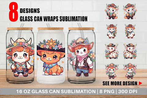 Glass Can Cute Highland Cow Cowboy Sublimation artnoy 