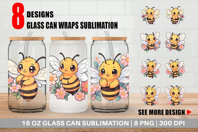 Glass Can Cute Honey Bee Sublimation artnoy 