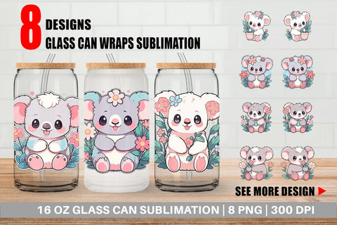 Glass Can Cute Koala with Flower Sublimation artnoy 