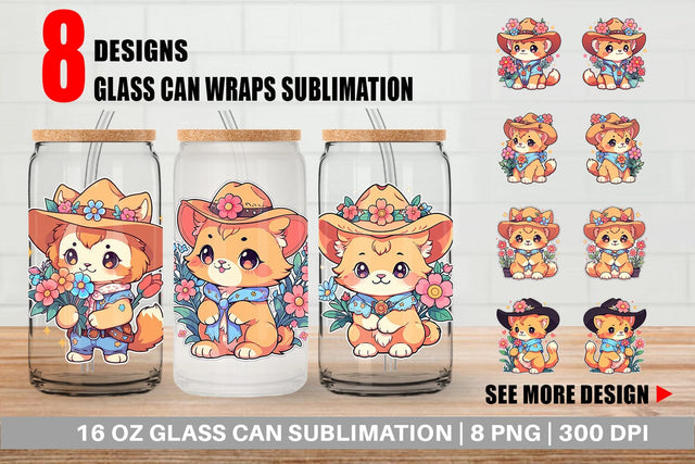 Glass Can Cute Lion Cowboy Flower Sublimation artnoy 