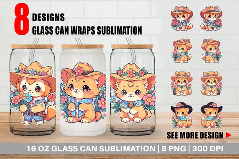 Glass Can Cute Lion Cowboy Flower Sublimation artnoy 