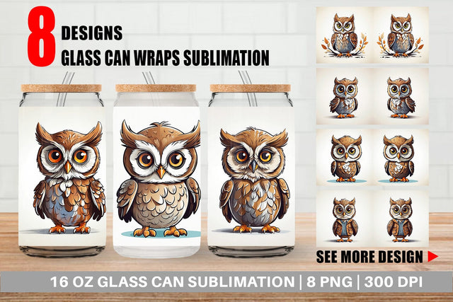 Glass Can Cute Owl Sublimation artnoy 