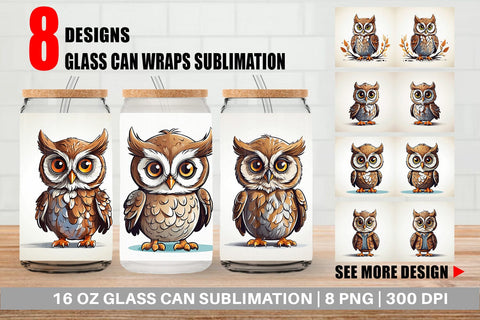 Glass Can Cute Owl Sublimation artnoy 