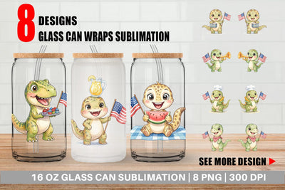Glass Can Cute Picnic BBQ Dino Watercolor Sublimation artnoy 
