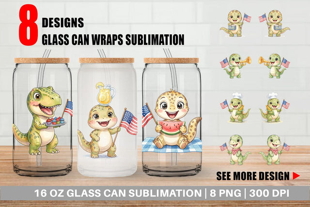 Glass Can Cute Picnic BBQ Dino Watercolor Sublimation artnoy 
