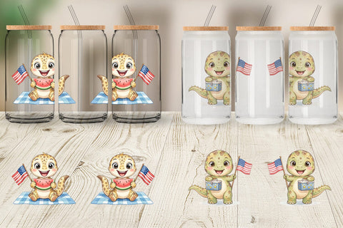 Glass Can Cute Picnic BBQ Dino Watercolor Sublimation artnoy 