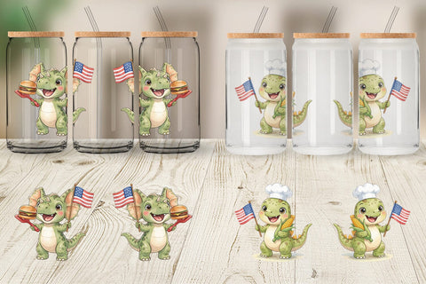 Glass Can Cute Picnic BBQ Dino Watercolor Sublimation artnoy 
