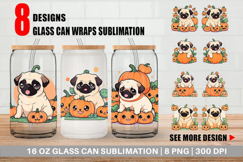 Glass Can Cute Pug Dog Pumpkin Sublimation artnoy 