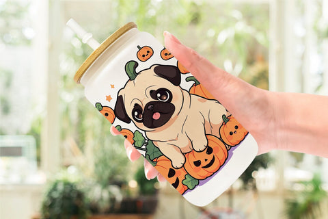 Glass Can Cute Pug Dog Pumpkin Sublimation artnoy 
