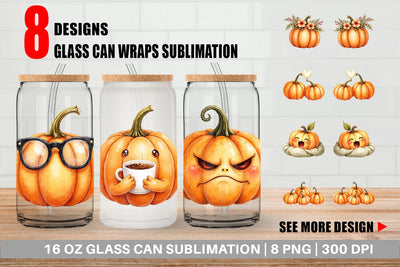 Glass Can Cute Pumpkin Faces Sublimation artnoy 