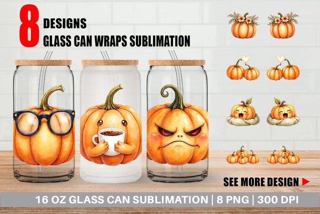Glass Can Cute Pumpkin Faces Sublimation artnoy 