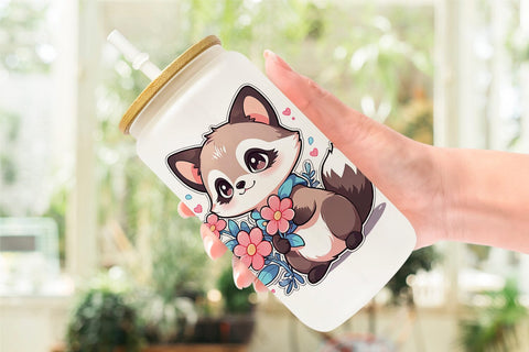 Glass Can Cute Raccoon with Flower Sublimation artnoy 