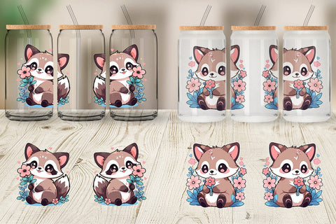 Glass Can Cute Raccoon with Flower Sublimation artnoy 