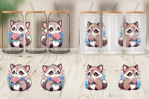 Glass Can Cute Raccoon with Flower Sublimation artnoy 