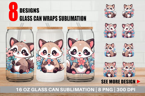 Glass Can Cute Raccoon with Flower Sublimation artnoy 