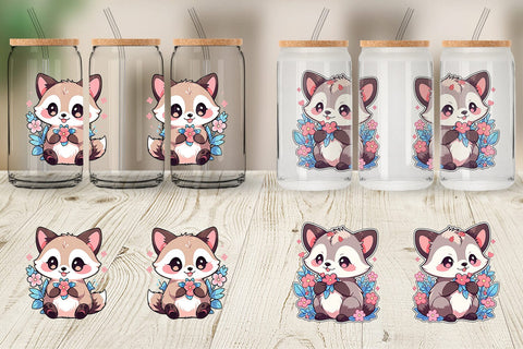 Glass Can Cute Raccoon with Flower Sublimation artnoy 