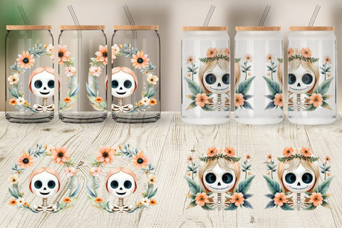 Glass Can Cute Skeleton Watercolor Floral Sublimation artnoy 