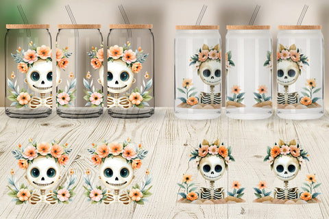 Glass Can Cute Skeleton Watercolor Floral Sublimation artnoy 