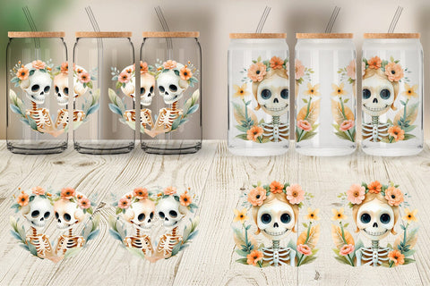 Glass Can Cute Skeleton Watercolor Floral Sublimation artnoy 