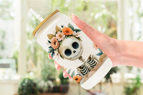 Glass Can Cute Skeleton Watercolor Floral Sublimation artnoy 