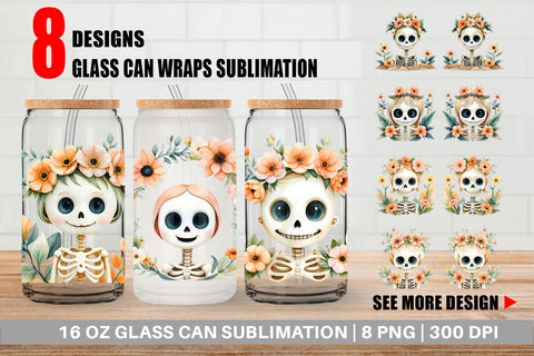 Glass Can Cute Skeleton Watercolor Floral Sublimation artnoy 