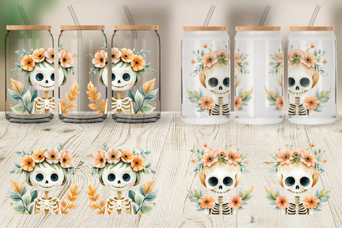 Glass Can Cute Skeleton Watercolor Floral Sublimation artnoy 