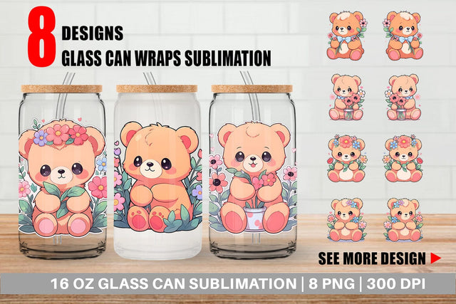 Glass Can Cute Teddy Bear Sublimation artnoy 